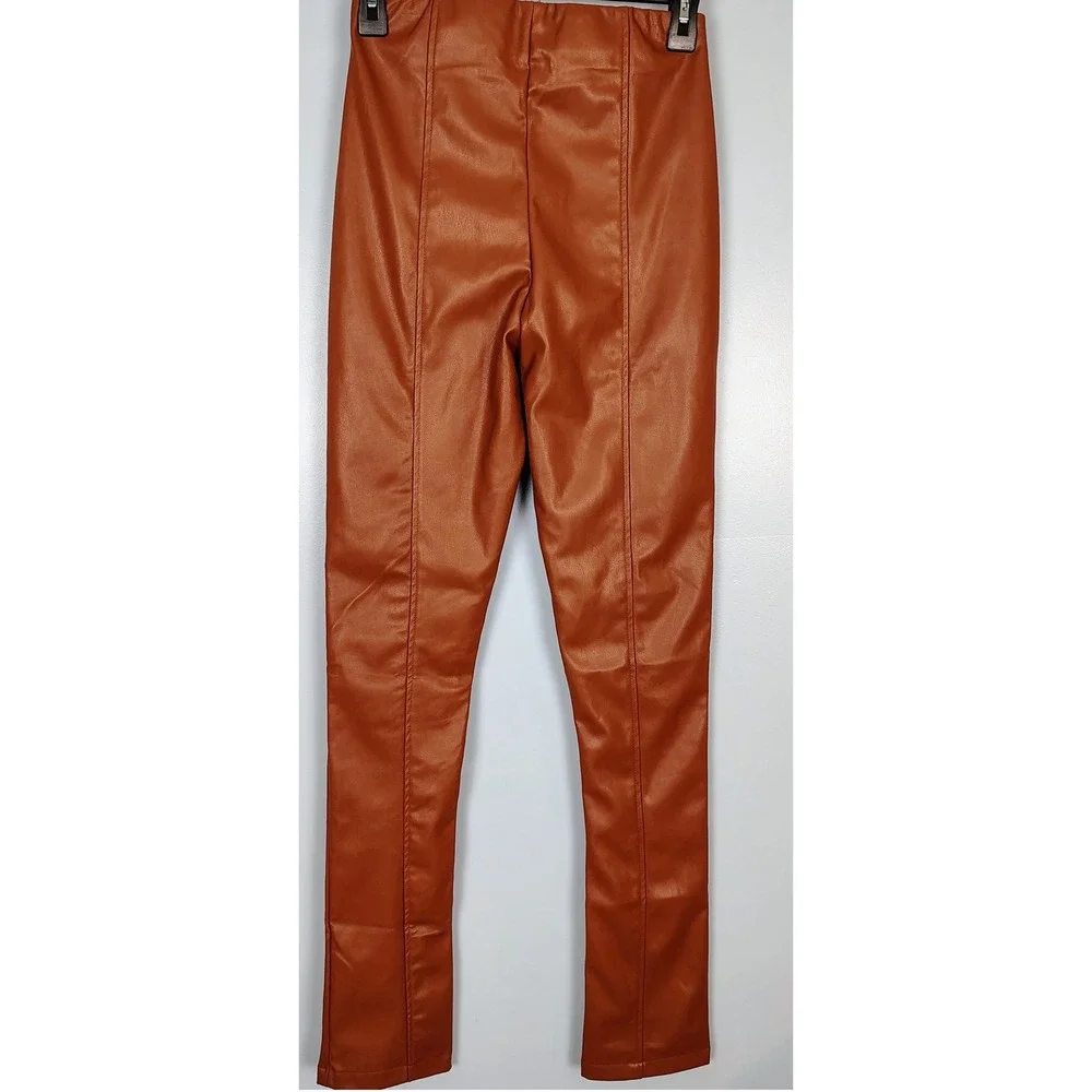 Mud Pie Faux Leather‎ Split Hem Leggings Cognac Brown High Waisted Small NWT